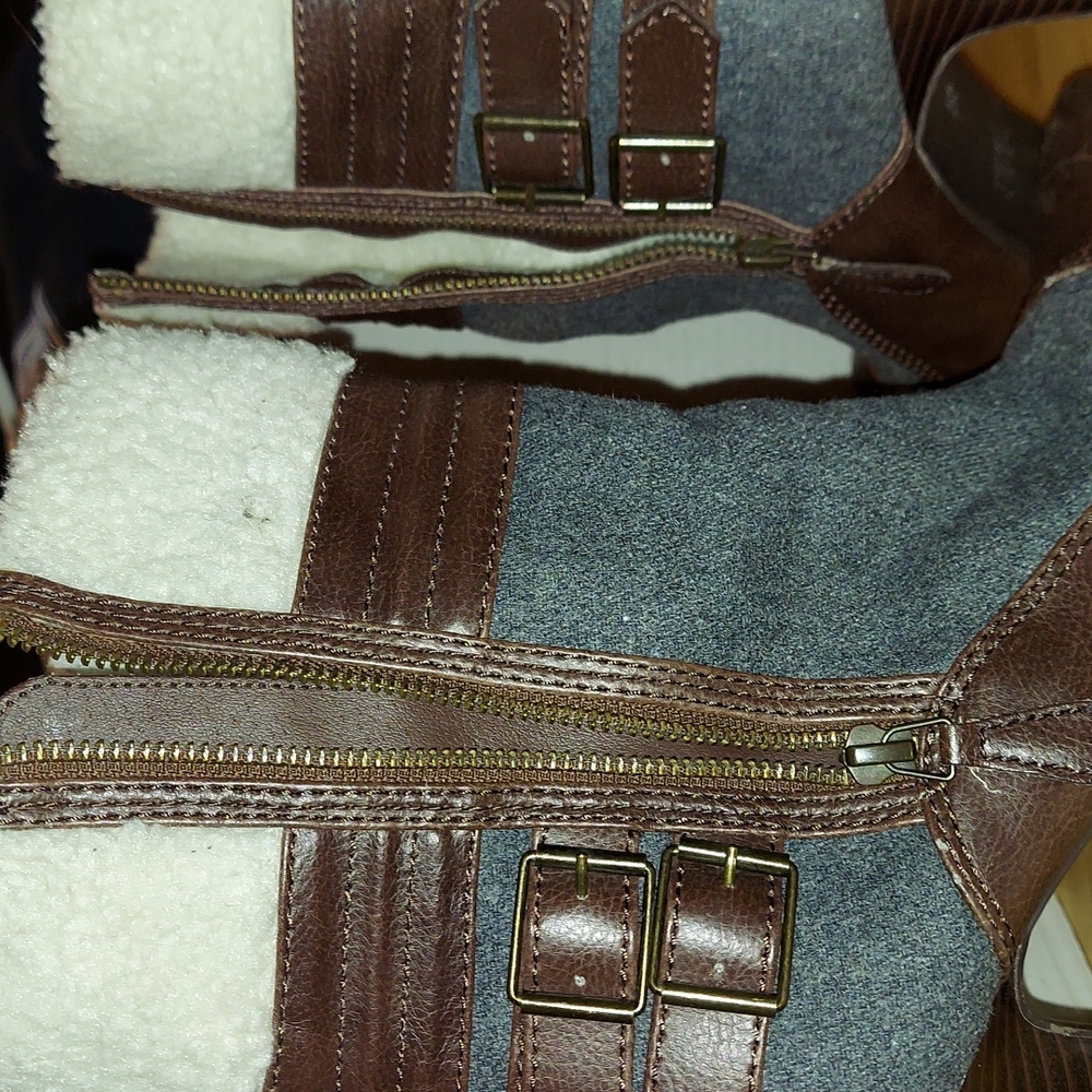 ELLE Heeled Boots Eldrewgrey Faux Sherpa Wool Gray Brown Heels Sz 8.5 - Picture 7 of 8
